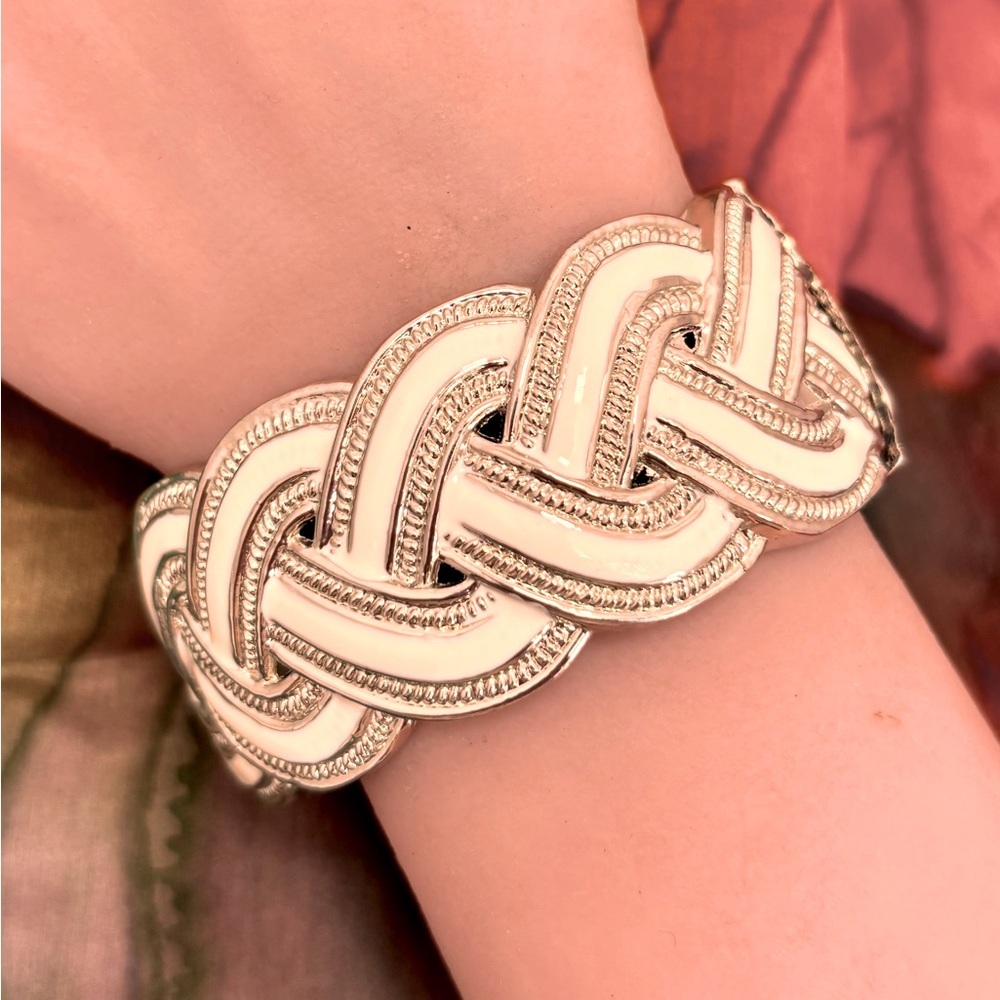 Chunky Braided Cream and Silver Tone Hinged Bracelet